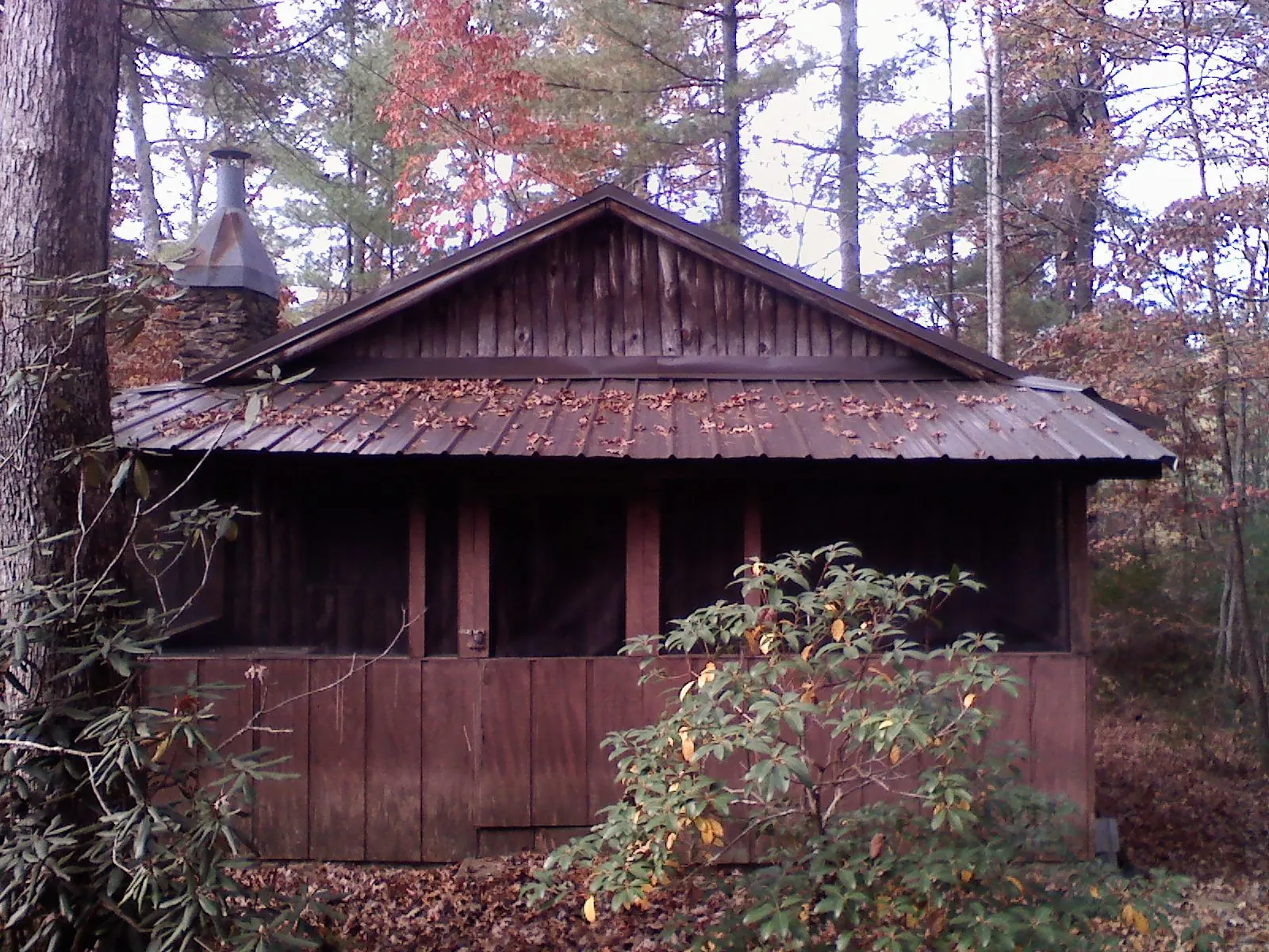 Metal roof over the screened porch of a rustic cabin in Fairview